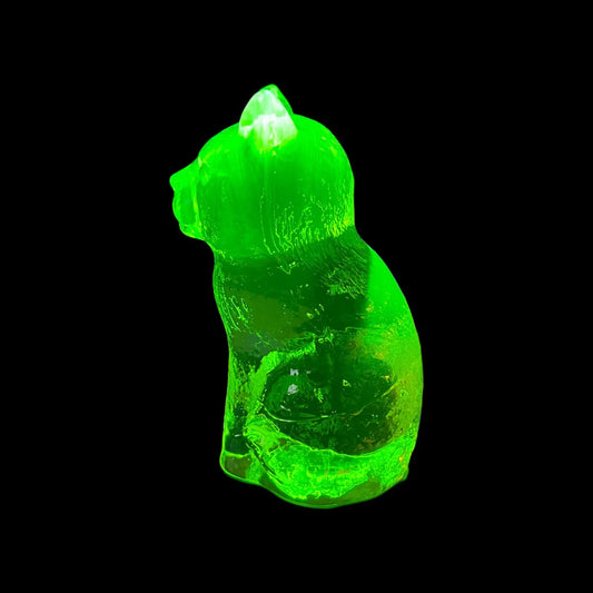 Vaseline Cat Figurine | Yellow Uranium Glass Animal Statue | Fluorescent Depression Glass | Glows Brightly Freen Under UV Light | Vintage Art Deco Collectible