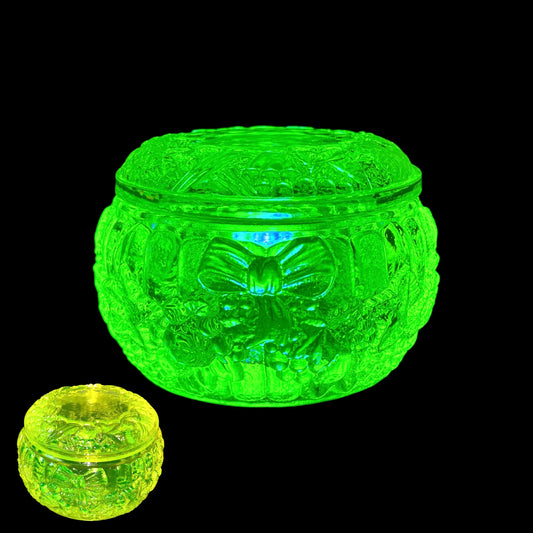 Uranium Glass Jewelry Box with Decorative Bow | Vintage Art Deco Trinket Container | Fluorescent Czech Depression Glass | Glowing Green Under UV Light