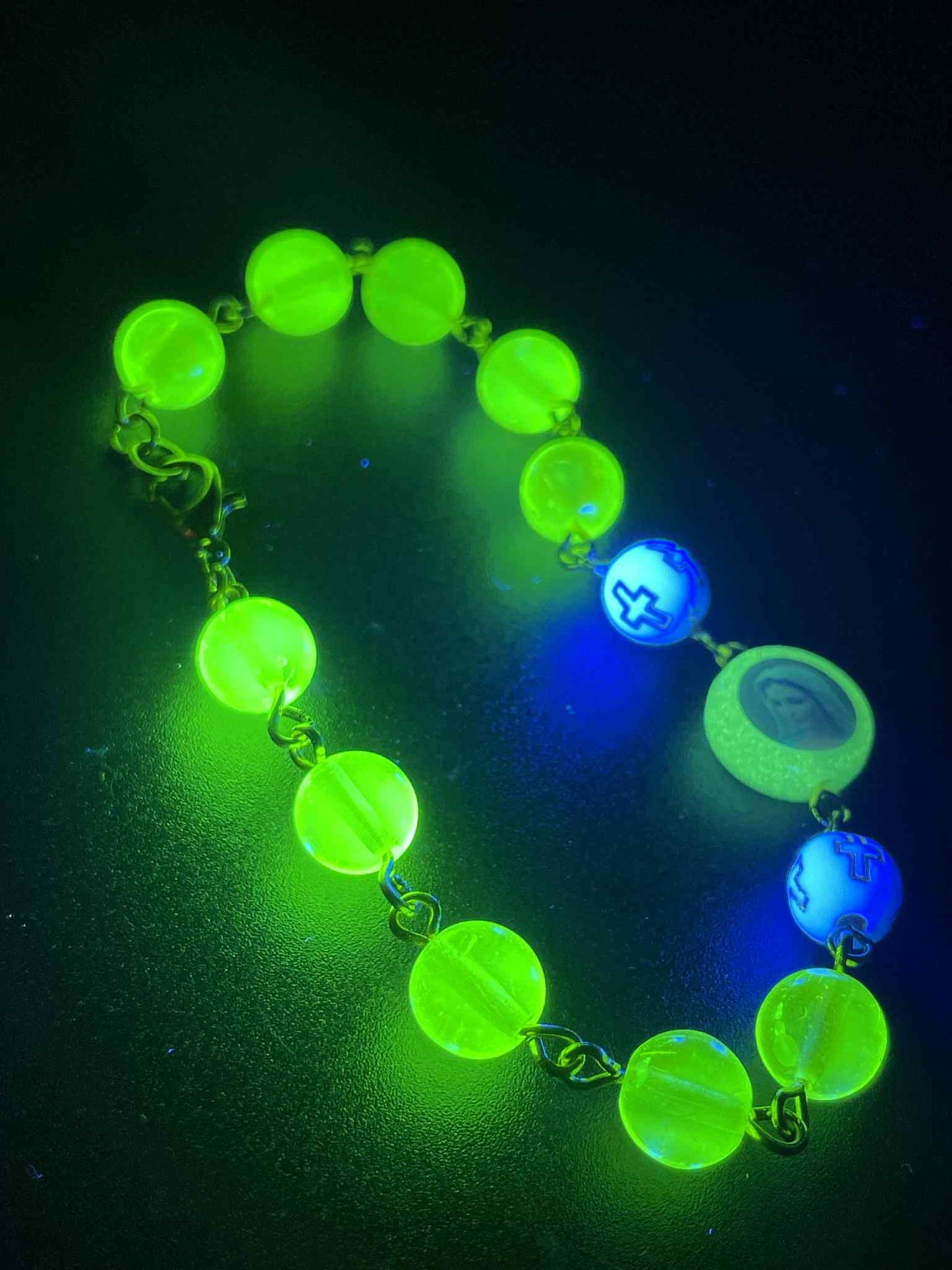 Uranium Glass Religious Bracelet | Yellow Vaseline Glass with Jesus & Virgin Mary Saints | White Beads with Gold Cross | Glows Green Under UV Light | Spiritual Jewelry