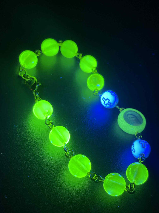 Uranium Glass Religious Bracelet | Yellow Vaseline Glass with Jesus & Virgin Mary Saints | White Beads with Gold Cross | Glows Green Under UV Light | Spiritual Jewelry