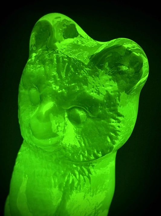 Cute Bear Figurine Made from Uranium Glass | Yellow Vaseline Wildlife Statue | Forest Mammal Teddy Animal | Glows Bright Green Under UV Light