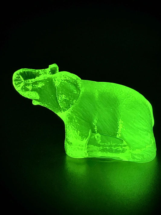 Elephant Figurine in Uranium Glass | Yellow Vaseline Glass Jumbo Statue | African Wildlife Animal | Glows Brightly Green Under UV Light