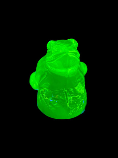 Vintage Uranium Glass Frog Figurine | Yellow Vaseline UV Reactive Glass Statue | Fluorescent Czech Depression Glass Animal Art | Glowing Under Blacklight