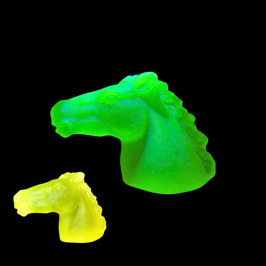 Glowing Uranium Glass Horse Figurine | Matte Yellow Vaseline Animal Statue | UV Reactive Depression Glass | Art Deco Collector’s Piece