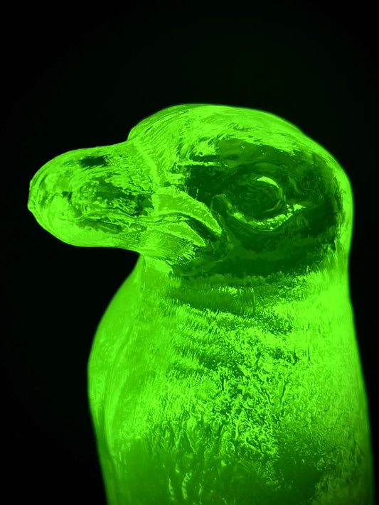 Uranium Glass Penguin Figurine | Vaseline Antarctic Animal Statue | Glowing Green UV Reactive Collectible | Spheniscidae Aquatic Flightless Bird Art