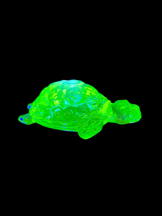 Uranium Glass Turtle Figurine | Yellow Vaseline Glass Animal Statue | Glowing Under UV Light | Czech Depression Glass Art | Vintage Atomic Collectible