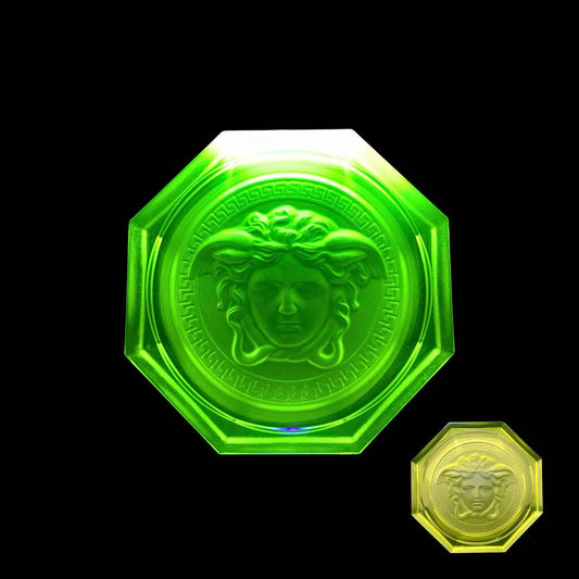Versace Rosenthal Medusa Coaster From Uranium Glass – Rare Vaseline Glass Paperweight That Glows Vividly Green Under UV Light – Exclusive Collector’s Art Piece