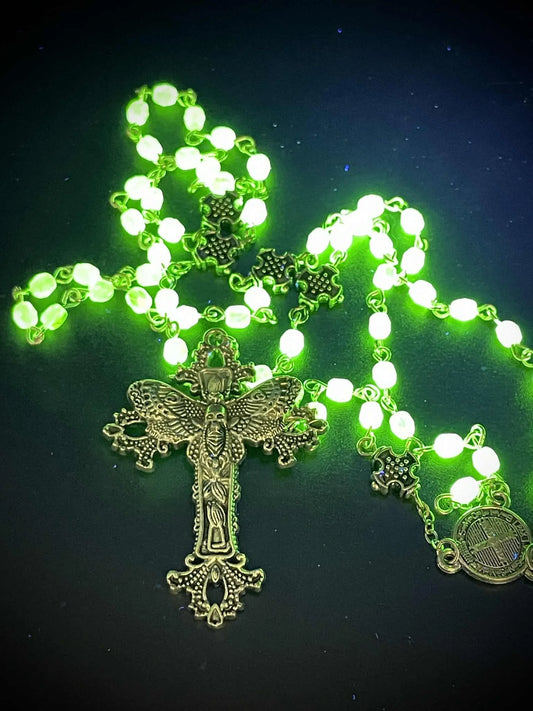 Uranium Glass (Moth) Rosary Necklace | Death's-head Hawk-moth Crafted from Yellow Vaseline Glass | Glows Brightly Under UV Light | 59 Beads with Crucifix