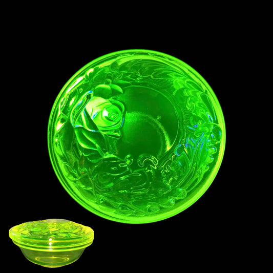 Vintage Uranium Glass Trinket Box with Roses | Yellow Vaseline Decorative Candy or Jewelry Container | Glows Green Under UV Light | Depression-Era Art Deco Glass