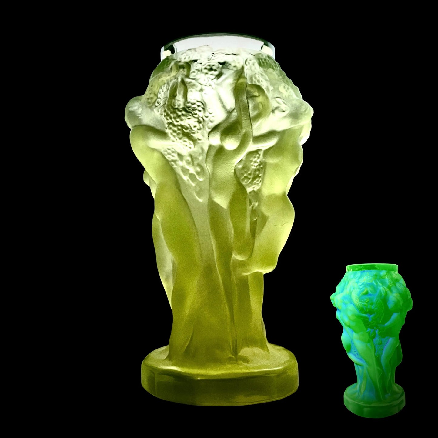 1930s Small Grape Harvest Vase in Uranium Glass | Bohemian Yellow Vaseline Art Deco by Pazourek for Heinrich Hoffmann | Glows Brightly Green Under UV Light