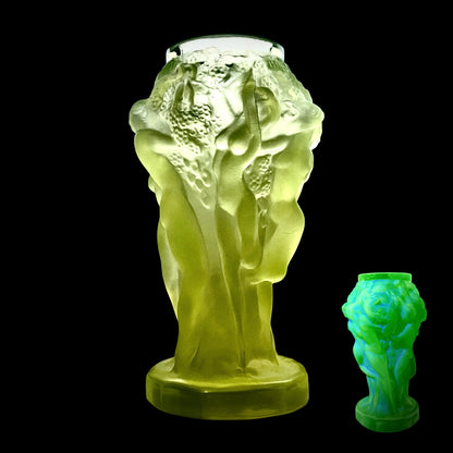 1930s Small Grape Harvest Vase in Uranium Glass | Bohemian Yellow Vaseline Art Deco by Pazourek for Heinrich Hoffmann | Glows Brightly Green Under UV Light