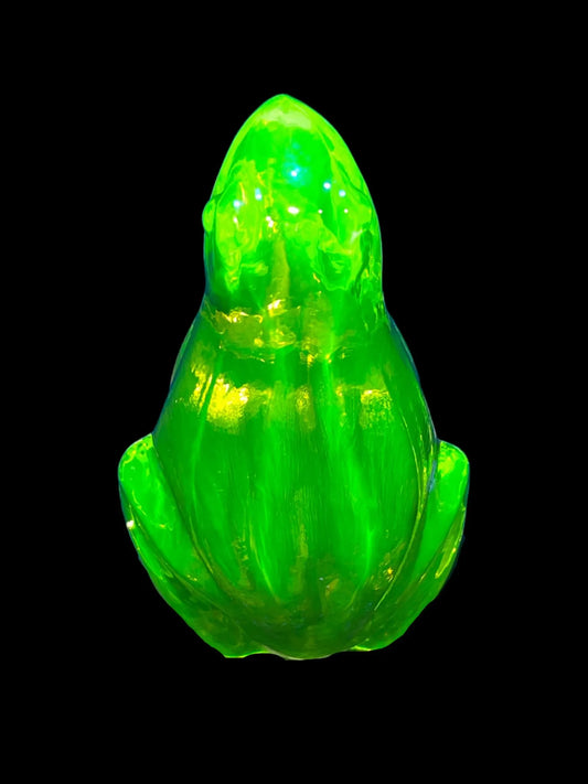Vintage Uranium Glass Frog Figurine | Yellow Vaseline UV Reactive Glass Statue | Fluorescent Czech Depression Glass Animal Art | Glowing Under Blacklight