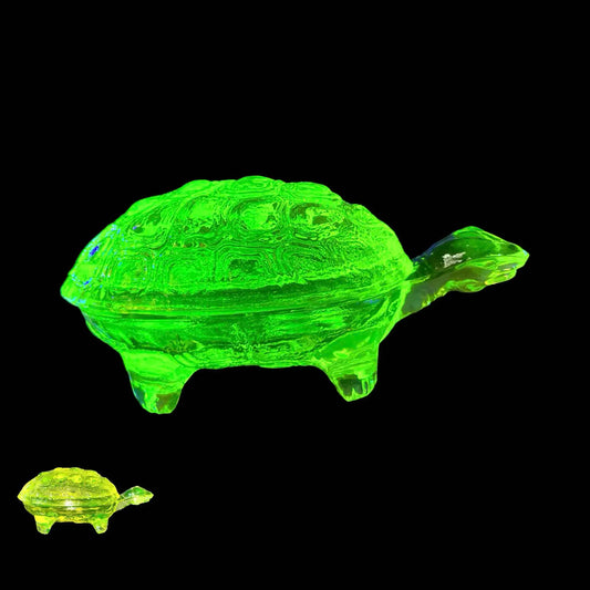 Vaseline Turtle Trinket Box | Yellow Uranium Glass Figurine | Czech Fluorescent Depression Glass | Glows Brightly Green Under UV Light