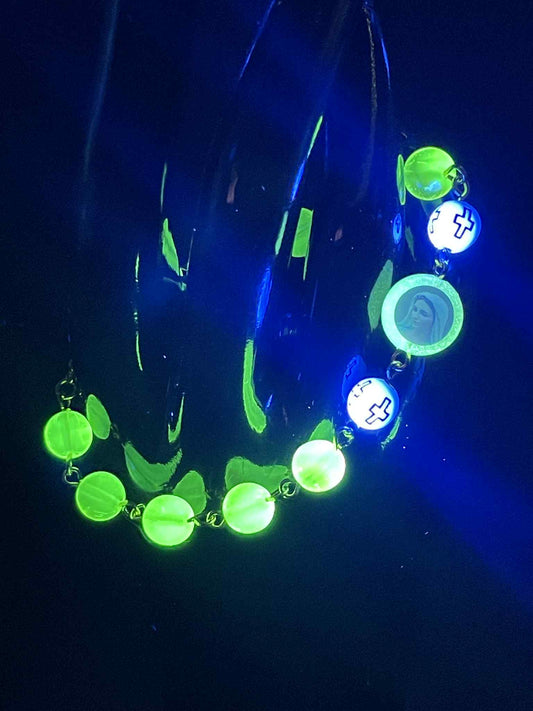 Uranium Glass Religious Bracelet | Yellow Vaseline Glass with Jesus & Virgin Mary Saints | White Beads with Gold Cross | Glows Green Under UV Light | Spiritual Jewelry
